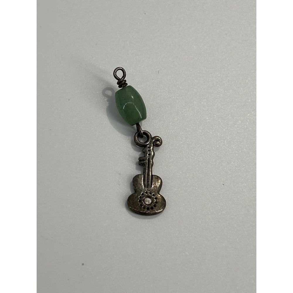 Vintage Silver Tone Guitar Charm W/ Green Jade Bead